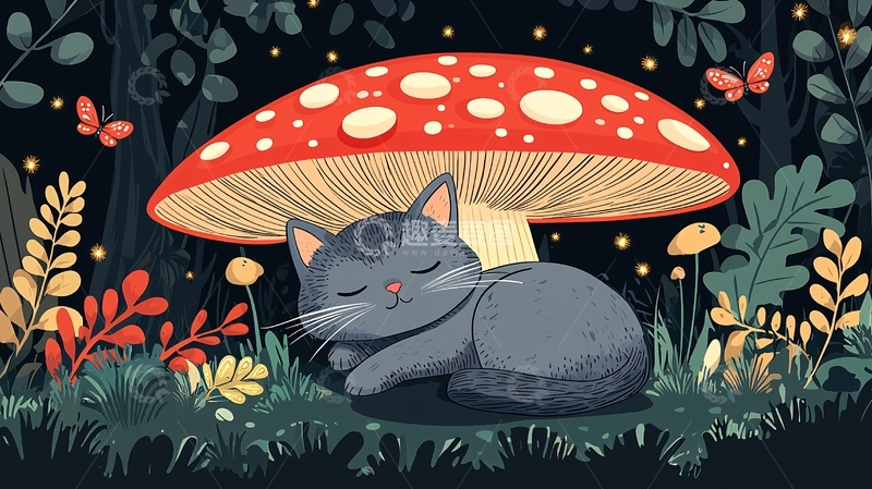 高清大图下载【趣麦麦图】小猫蘑菇森林夜色