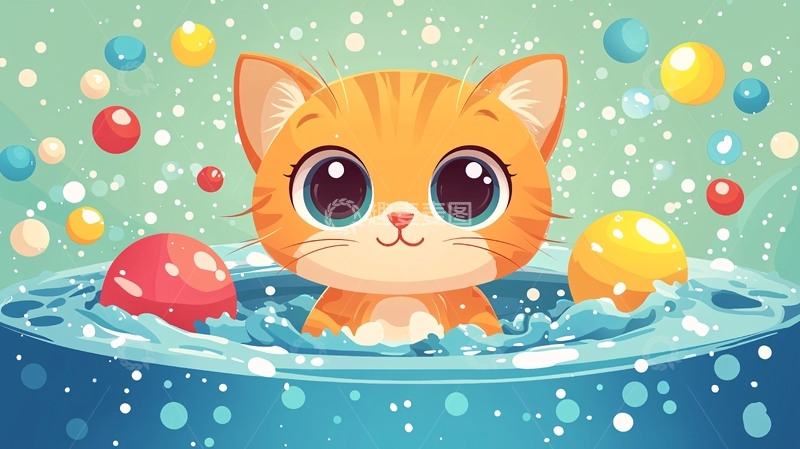高清大图下载【趣麦麦图】可爱小猫玩水球