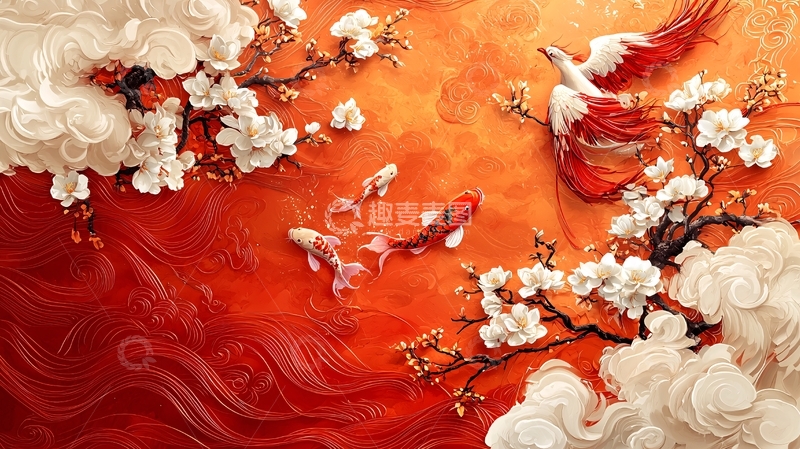 高清大图下载【趣麦麦图】祥云瑞鸟红鲤鱼图