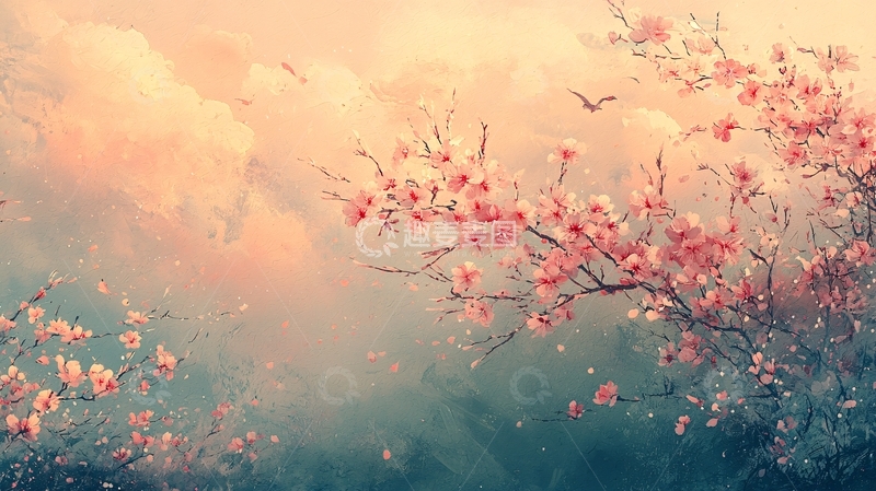 高清大图下载【趣麦麦图】粉嫩樱花树下温柔晚霞