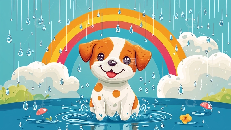 高清大图下载【趣麦麦图】雨中彩虹小狗
