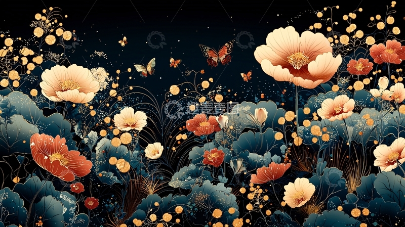 高清大图下载【趣麦麦图】水墨风罂粟花蝴蝶