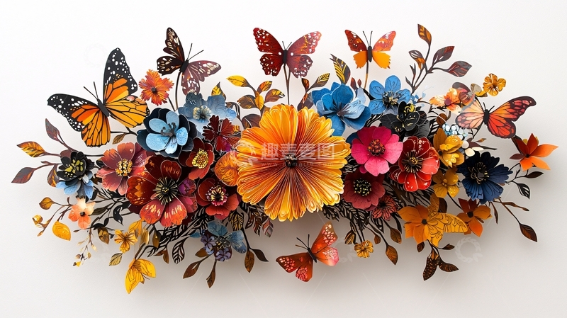 高清大图下载【趣麦麦图】彩色纸艺花卉蝴蝶