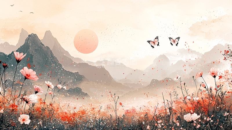 高清大图下载【趣麦麦图】日出山峰花海蝴蝶