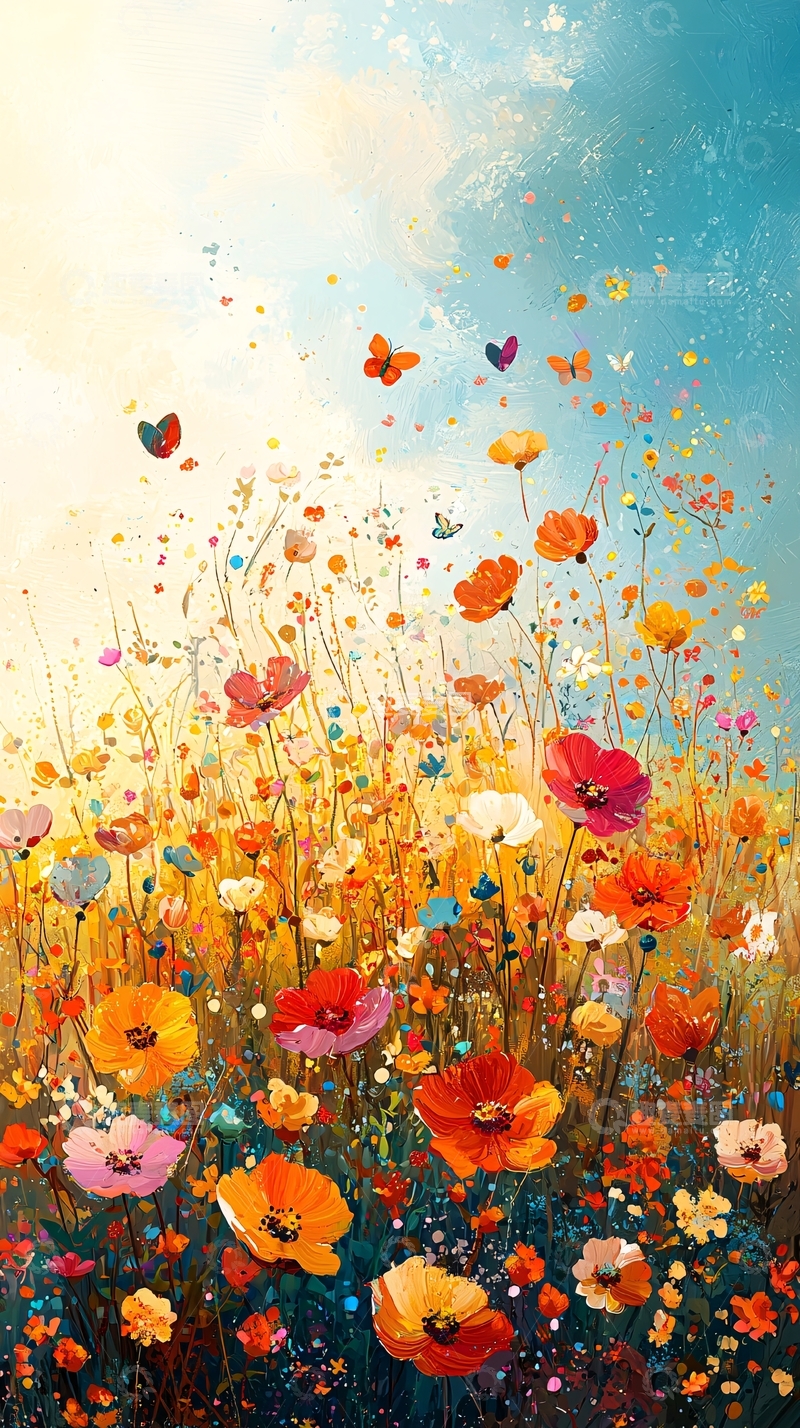 高清大图下载【趣麦麦图】油画花田蝴蝶飞舞