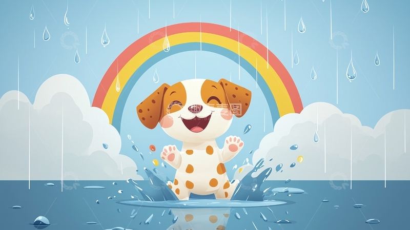 高清大图下载【趣麦麦图】雨中彩虹下快乐的小狗
