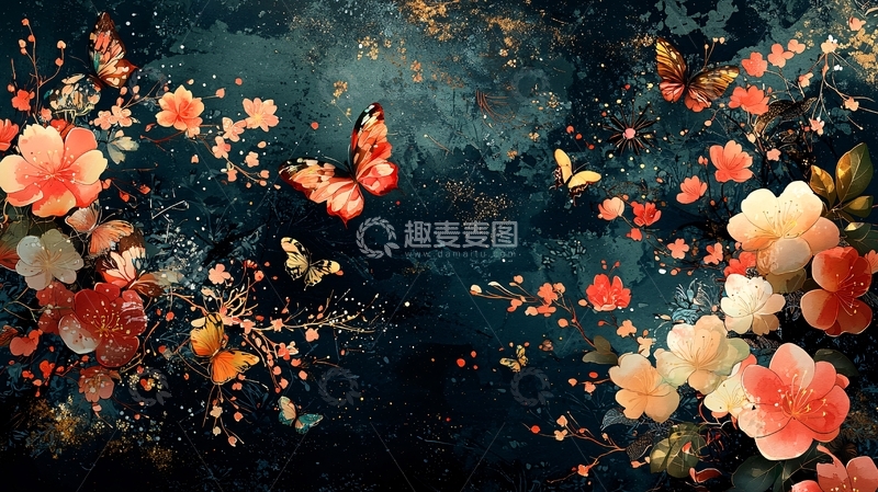 高清大图下载【趣麦麦图】暗色系花朵蝴蝶意境图