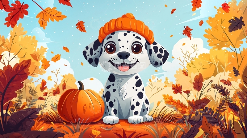 高清大图下载【趣麦麦图】戴帽子的斑点狗和南瓜