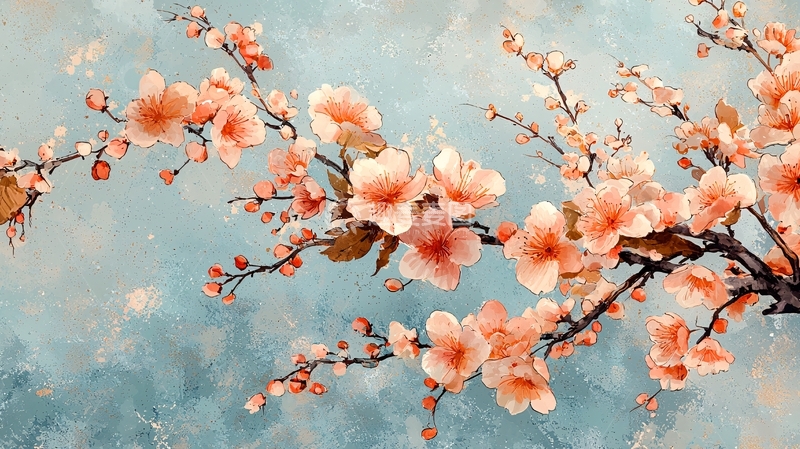 水墨淡彩桃花枝