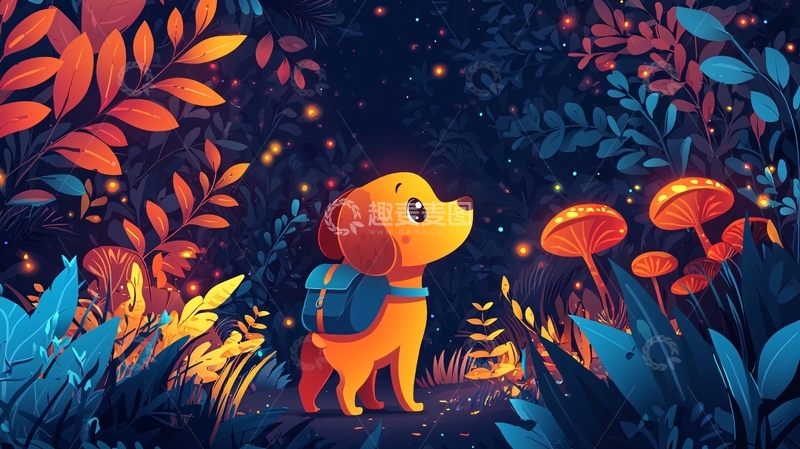 高清大图下载【趣麦麦图】夜空下的狗狗与萤火虫