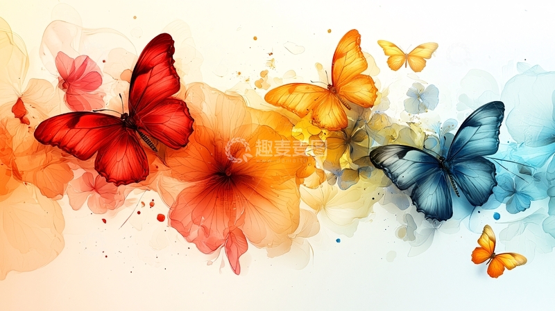 高清大图下载【趣麦麦图】彩色蝴蝶花卉水彩画