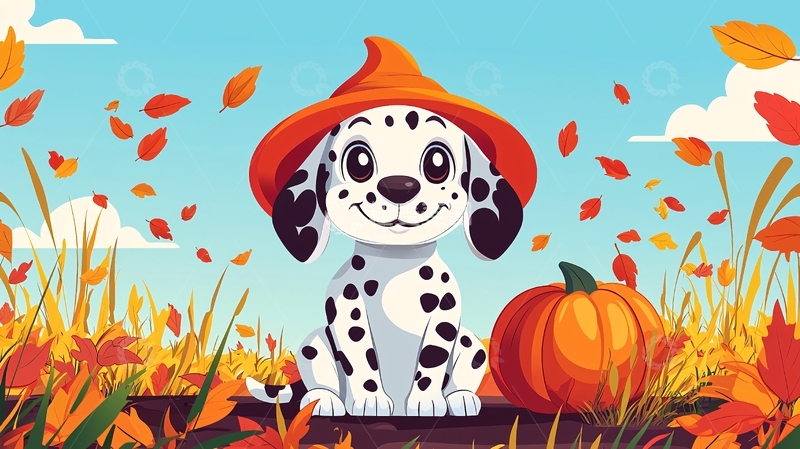 高清大图下载【趣麦麦图】戴南瓜帽的斑点狗