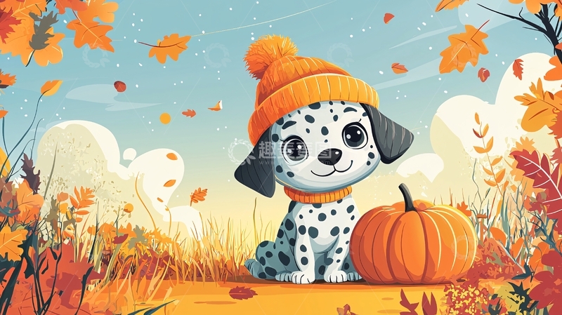 高清大图下载【趣麦麦图】戴帽子的斑点狗和南瓜