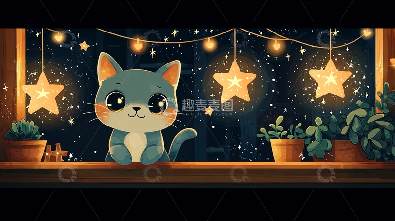 高清大图下载【趣麦麦图】窗边猫咪夜景图