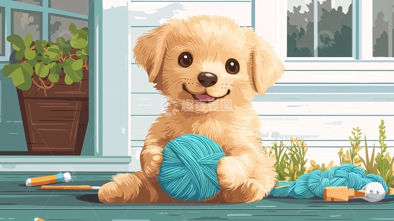 高清大图下载【趣麦麦图】可爱金毛幼犬玩毛线