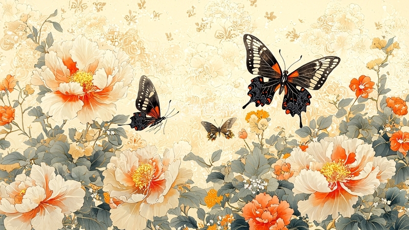 高清大图下载【趣麦麦图】水墨画风格牡丹蝴蝶