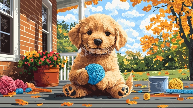 高清大图下载【趣麦麦图】金毛幼犬抱着毛线球