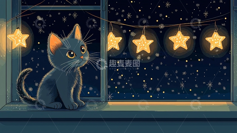 高清大图下载【趣麦麦图】窗边的小猫看星星