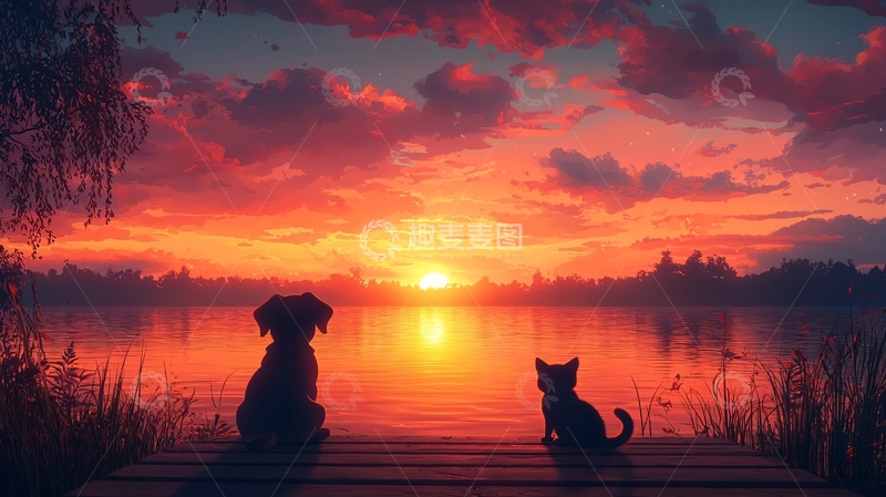 高清大图下载【趣麦麦图】夕阳下狗狗猫咪湖边