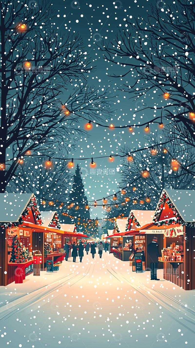 高清大图下载【趣麦麦图】下雪的圣诞集市