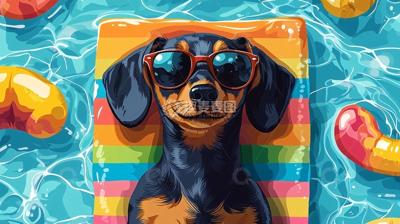 高清大图下载【趣麦麦图】戴墨镜的腊肠犬游泳圈