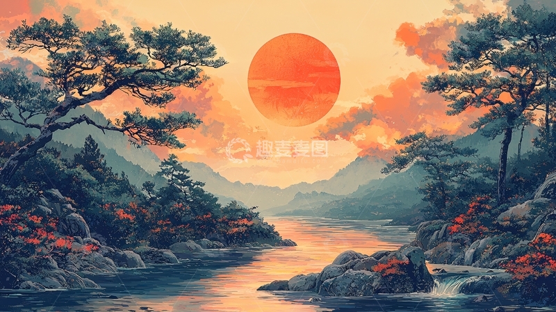 高清大图下载【趣麦麦图】日出山河风景画