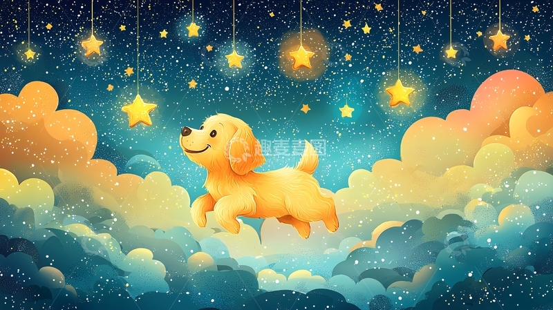 高清大图下载【趣麦麦图】金毛犬在星空云朵上