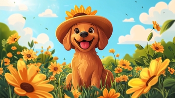 戴草帽的金毛犬向日葵田