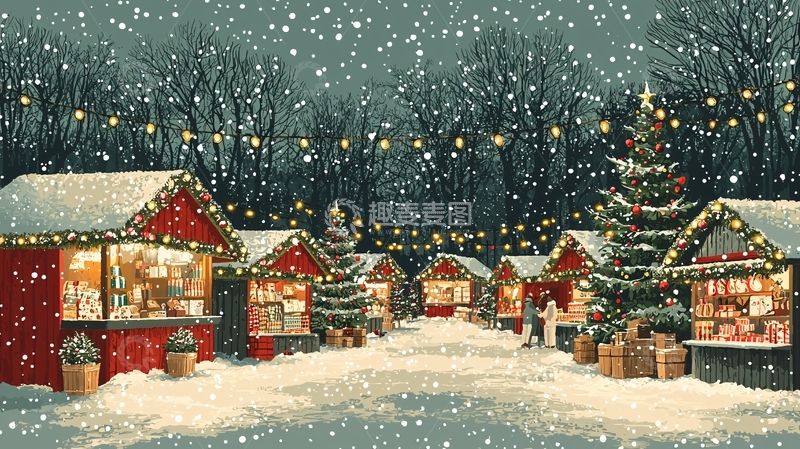 高清大图下载【趣麦麦图】下雪的圣诞集市