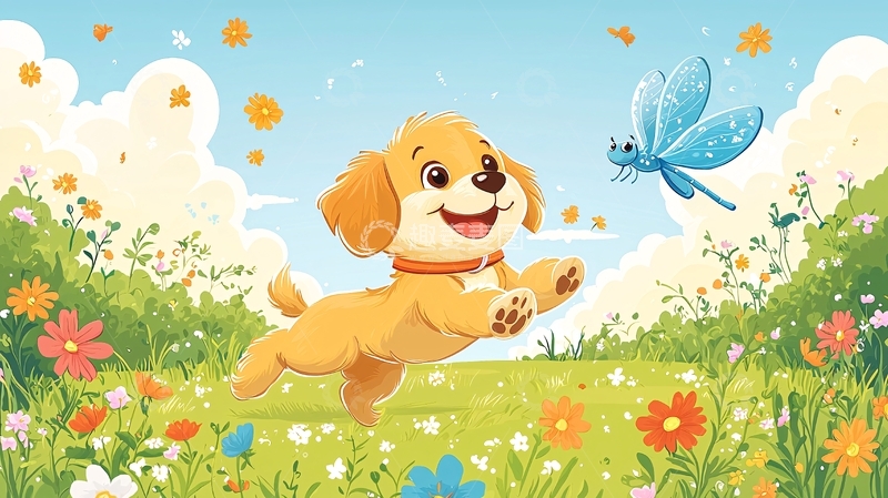 高清大图下载【趣麦麦图】小狗追逐蜻蜓的春日田园
