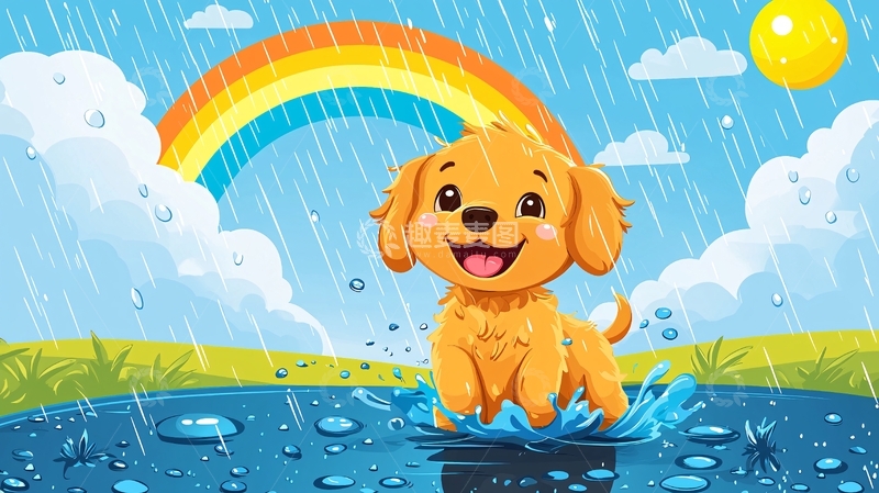 高清大图下载【趣麦麦图】雨中金毛幼犬彩虹