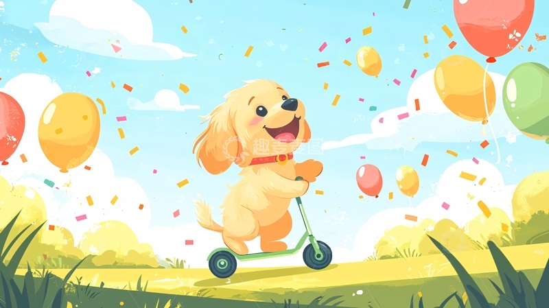 高清大图下载【趣麦麦图】小狗骑滑板车过生日