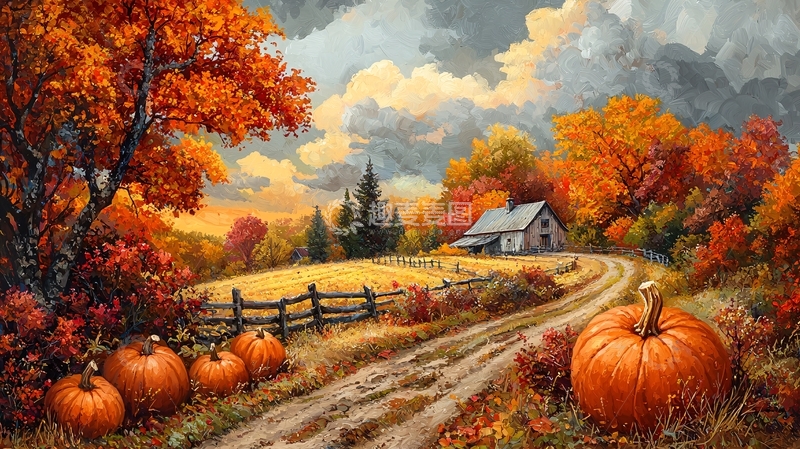高清大图下载【趣麦麦图】秋日田园风光油画