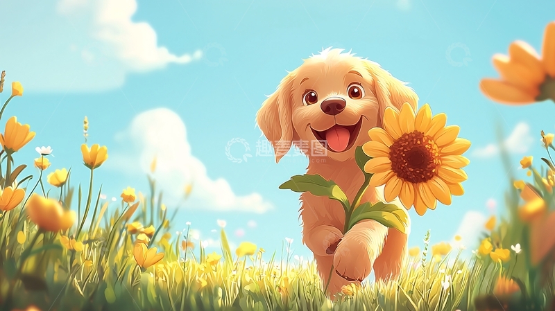 高清大图下载【趣麦麦图】金毛幼犬向日葵田园风光