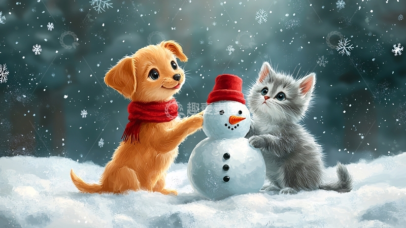 高清大图下载【趣麦麦图】小狗猫咪堆雪人
