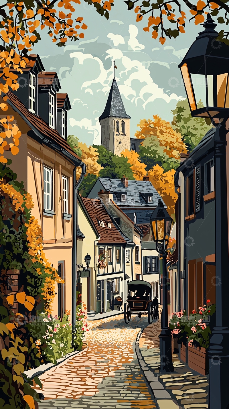 高清大图下载【趣麦麦图】秋日欧洲小镇街道