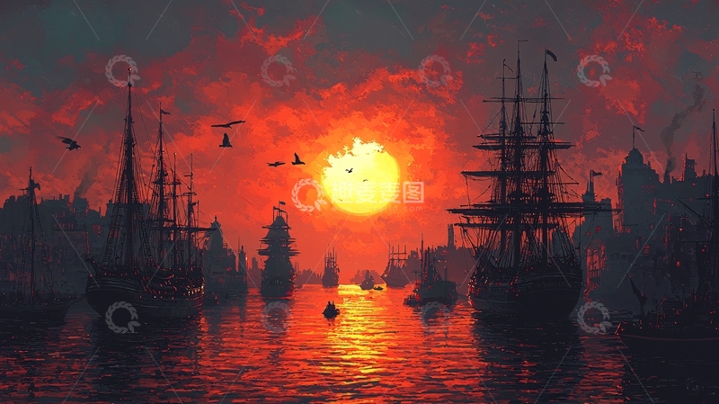 高清大图下载【趣麦麦图】日落港口古帆船