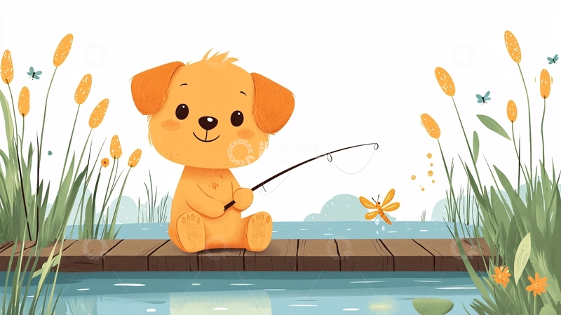 高清大图下载【趣麦麦图】小狗钓鱼卡通插画