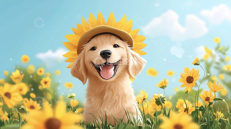 高清大图下载【趣麦麦图】戴向日葵的小金毛