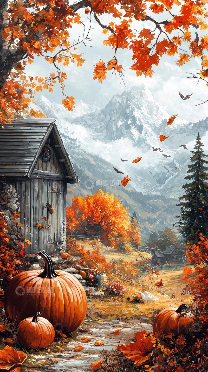 高清大图下载【趣麦麦图】秋日山景小屋南瓜
