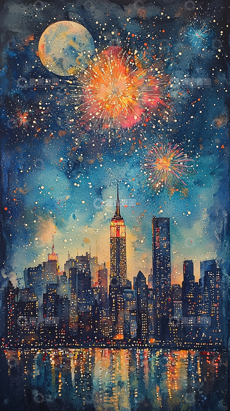 高清大图下载【趣麦麦图】纽约夜景烟花水彩画