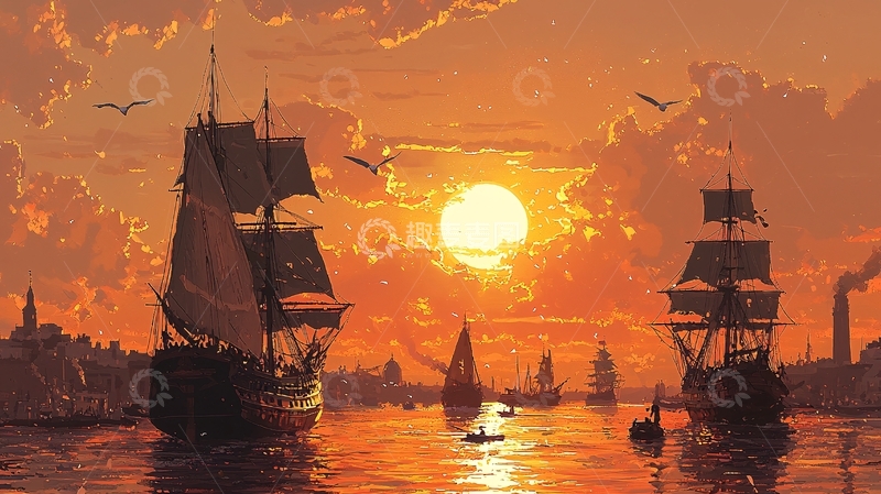 高清大图下载【趣麦麦图】夕阳西下帆船港口