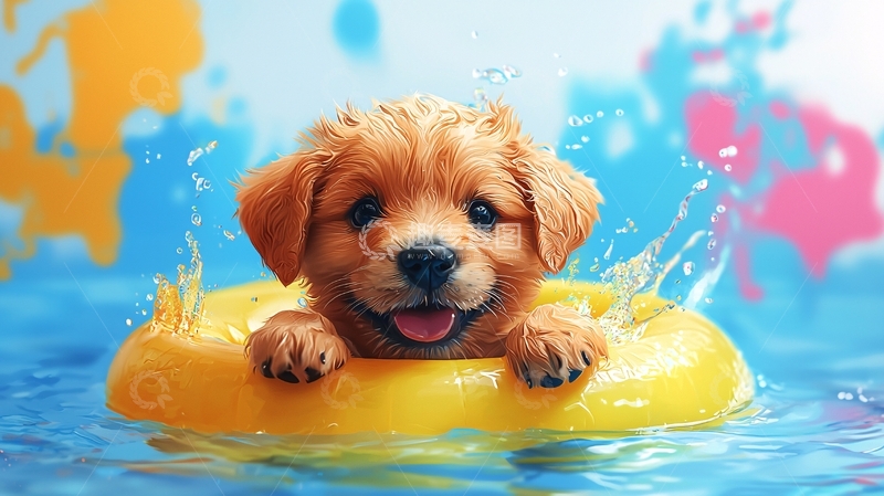 高清大图下载【趣麦麦图】金毛幼犬游泳圈