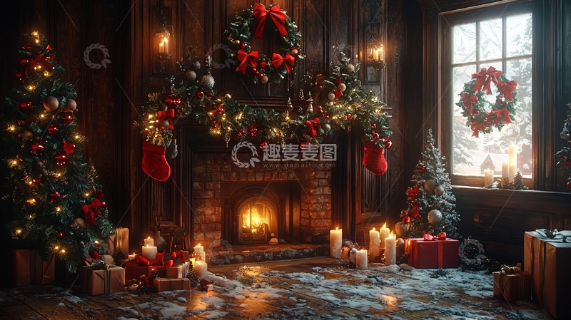 高清大图下载【趣麦麦图】温馨圣诞节壁炉场景