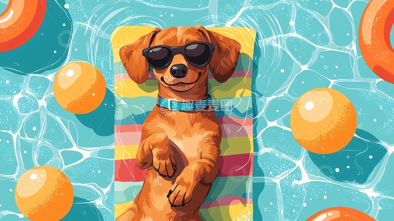 高清大图下载【趣麦麦图】泳池边戴墨镜的腊肠犬