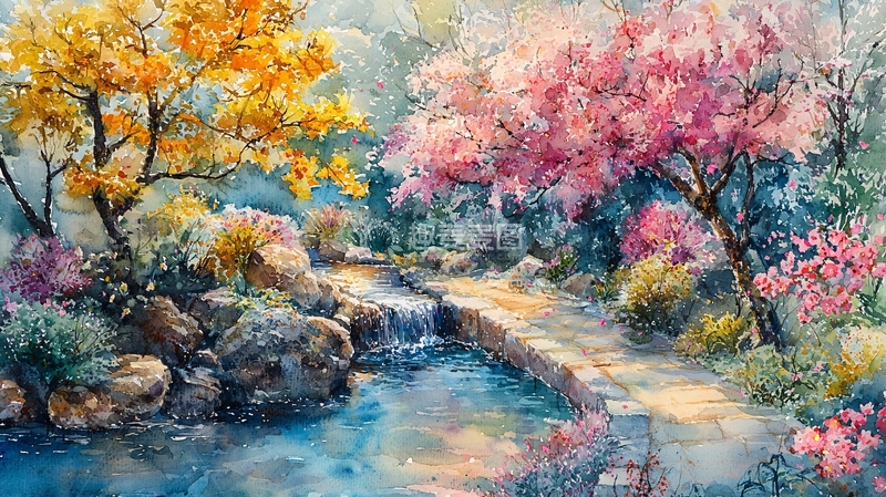 高清大图下载【趣麦麦图】春日花园小溪流水