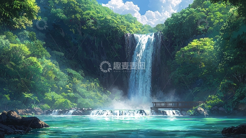 高清大图下载【趣麦麦图】茂密森林中的瀑布