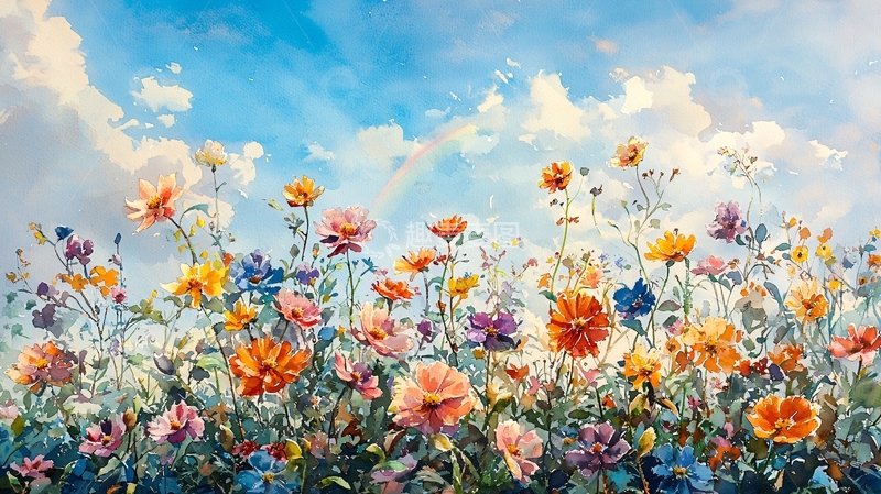 高清大图下载【趣麦麦图】蓝天白云下鲜花盛开