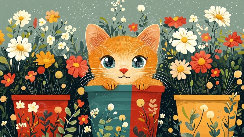 高清大图下载【趣麦麦图】小花盆里的小猫咪