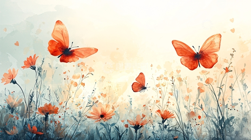 高清大图下载【趣麦麦图】水彩蝴蝶花田